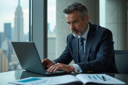 Analyste financier en costume dans un bureau moderne