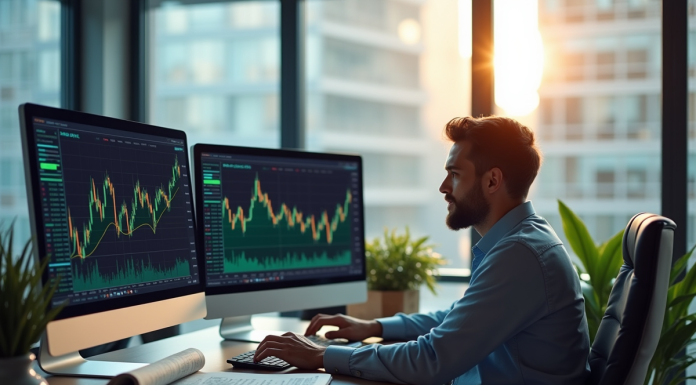 Analyste financier étudiant plusieurs écrans avec graphiques et rapports
