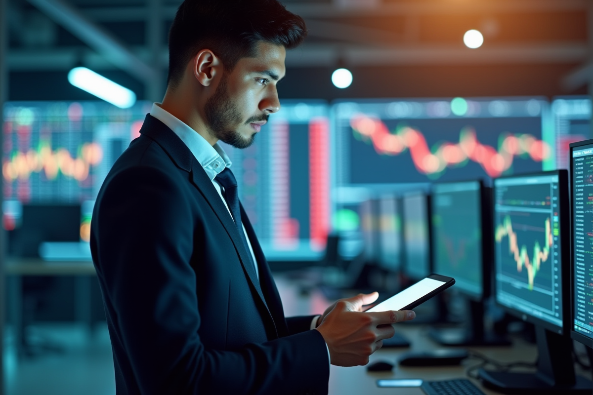 Jeune analyste financier regardant une tablette dans un environnement moderne
