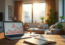 Salon lumineux d un appartement moderne avec ordinateur et logo Airbnb