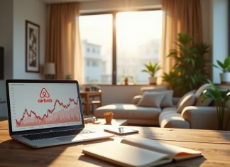 Éviter la taxe Airbnb : conseils pratiques pour optimiser vos revenus locatifs Salon lumineux d un appartement moderne avec ordinateur et logo Airbnb