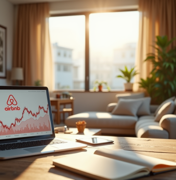Salon lumineux d un appartement moderne avec ordinateur et logo Airbnb