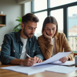 Achat sans apport : avantages et inconvénients à connaître Jeune couple dans une cuisine moderne examine des documents immobiliers
