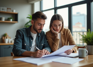 Achat sans apport : avantages et inconvénients à connaître Jeune couple dans une cuisine moderne examine des documents immobiliers