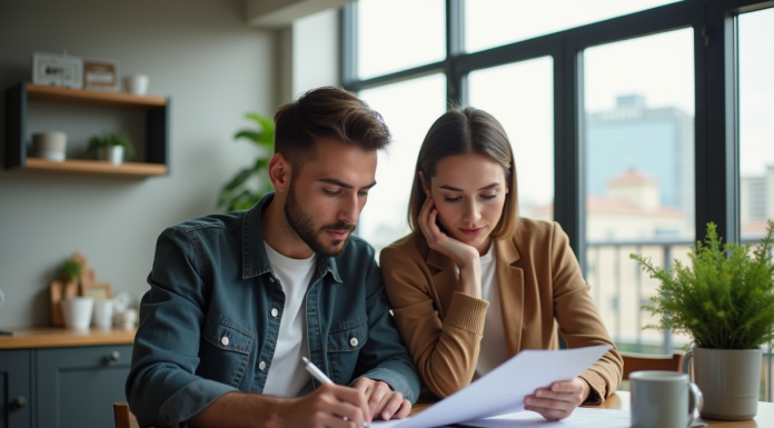 Jeune couple dans une cuisine moderne examine des documents immobiliers