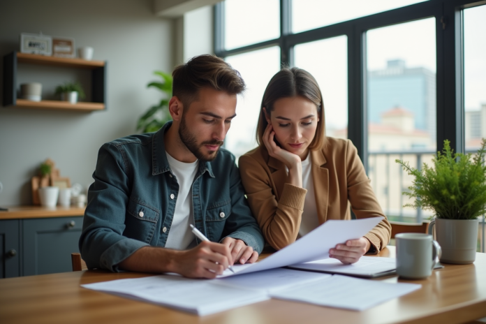 Jeune couple dans une cuisine moderne examine des documents immobiliers