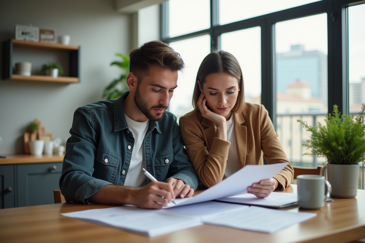 Jeune couple dans une cuisine moderne examine des documents immobiliers