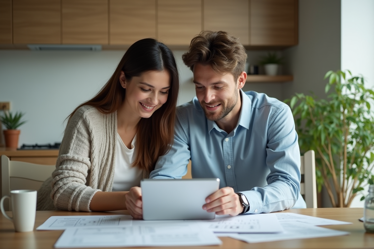 Couple en cuisine examinant des documents de prêt immobilier