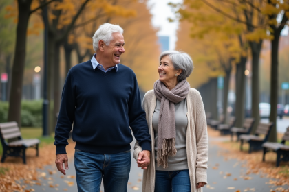 Couple retraité souriant se promenant dans un parc automnal