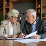 Couple senior lisant des documents juridiques dans un bureau moderne