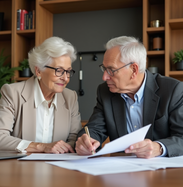 Comment optimiser la succession de la communauté universelle Couple senior lisant des documents juridiques dans un bureau moderne