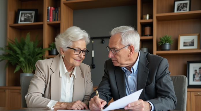 Couple senior lisant des documents juridiques dans un bureau moderne