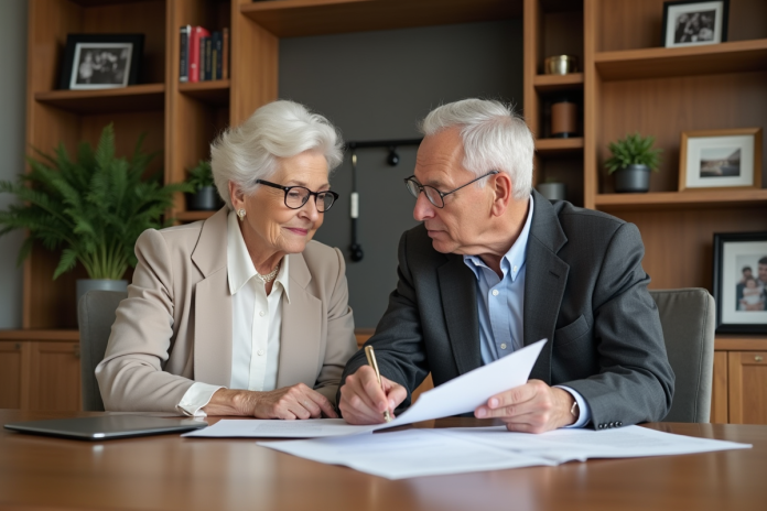 Couple senior lisant des documents juridiques dans un bureau moderne
