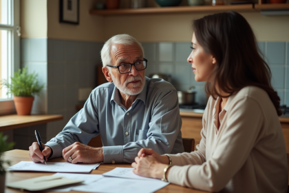 Homme senior et femme discutant finances à la maison