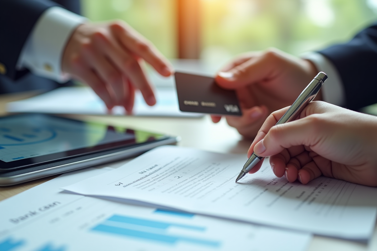 Mains échangeant un contrat de prêt signé avec une carte bancaire et graphiques financiers