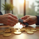 Deux mains échangeant des pièces d or et un portefeuille crypto sur une table