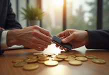 Deux mains échangeant des pièces d or et un portefeuille crypto sur une table