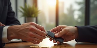 Deux mains échangeant des pièces d or et un portefeuille crypto sur une table