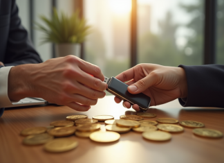 Deux mains échangeant des pièces d or et un portefeuille crypto sur une table