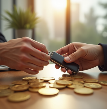 Fongibles et non fongibles : Comprendre les jetons numériques Deux mains échangeant des pièces d or et un portefeuille crypto sur une table