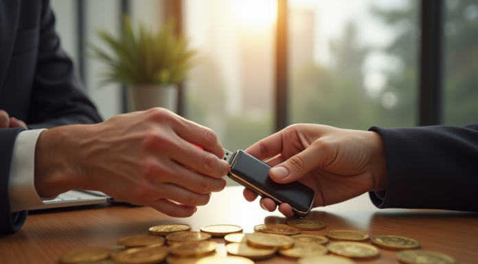 Deux mains échangeant des pièces d or et un portefeuille crypto sur une table