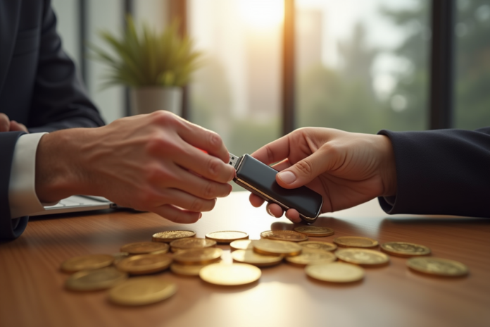 Deux mains échangeant des pièces d or et un portefeuille crypto sur une table