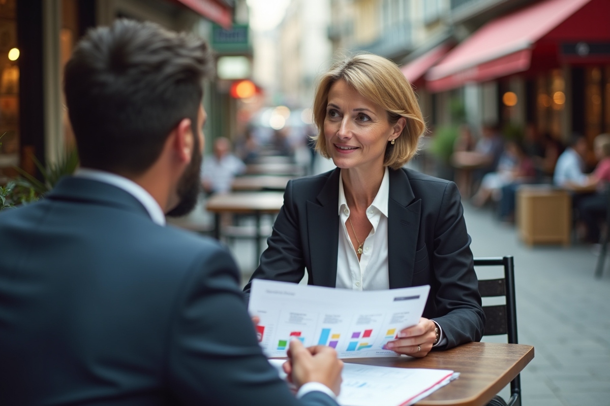 Economiste discutant dans un café urbain avec rapport de croissance