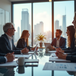Groupe de professionnels en réunion dans un bureau lumineux