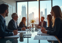 Groupe de professionnels en réunion dans un bureau lumineux