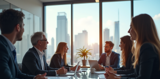 Groupe de professionnels en réunion dans un bureau lumineux