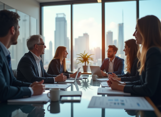 Groupe de professionnels en réunion dans un bureau lumineux