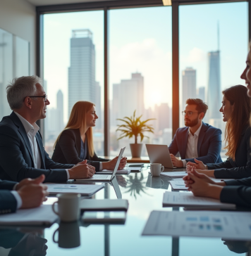 Groupe de professionnels en réunion dans un bureau lumineux