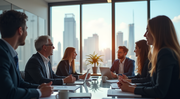 Groupe de professionnels en réunion dans un bureau lumineux