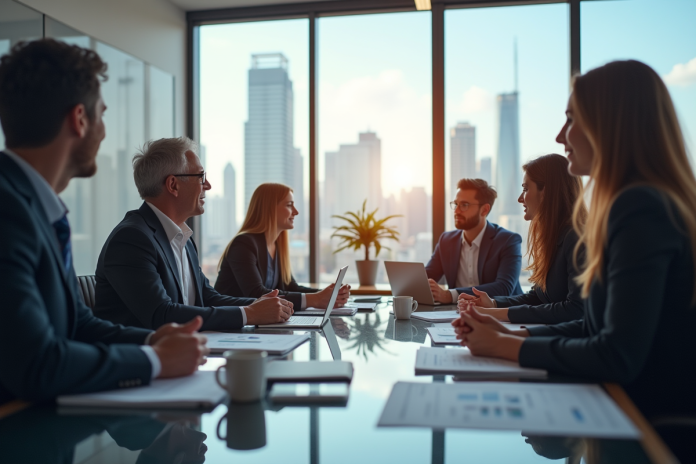 equipe-affaires-salle-de-reunion Groupe de professionnels en réunion dans un bureau lumineux