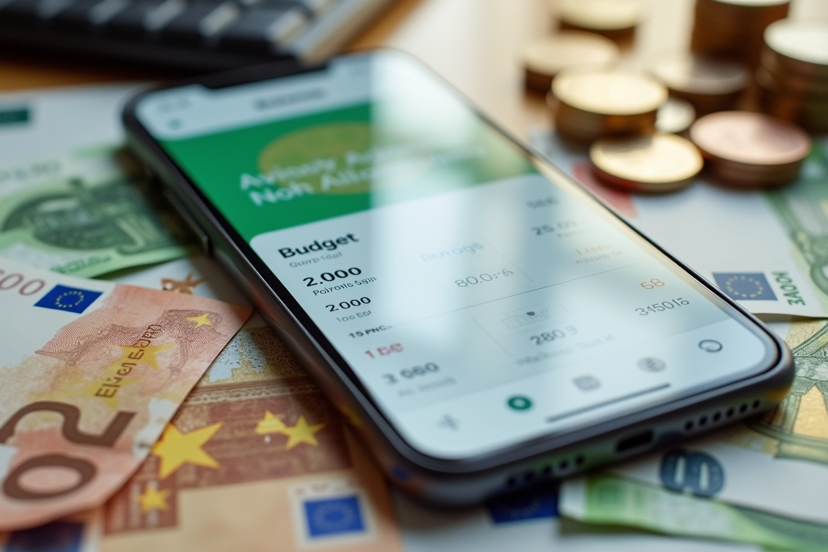 Pièces et billets d euro autour d un smartphone avec application de budget