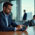 Entreprise : comment augmenter sa valeur ajoutée ? Les stratégies à succès Homme en costume bleu examinant des graphiques financiers