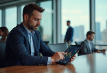 Entreprise : comment augmenter sa valeur ajoutée ? Les stratégies à succès Homme en costume bleu examinant des graphiques financiers