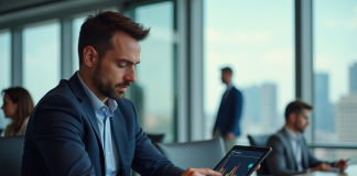 Entreprise : comment augmenter sa valeur ajoutée ? Les stratégies à succès Homme en costume bleu examinant des graphiques financiers