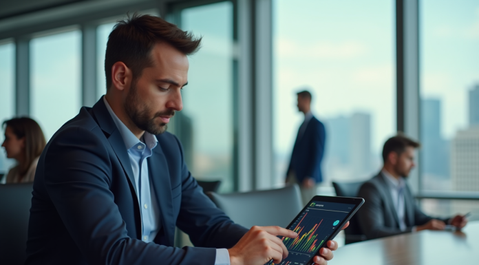 Homme en costume bleu examinant des graphiques financiers