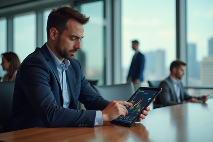Homme en costume bleu examinant des graphiques financiers