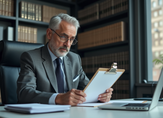 Expert en droit en bureau moderne avec dossiers et ordinateur