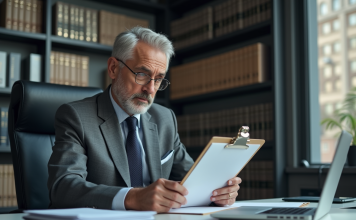 Expert en droit en bureau moderne avec dossiers et ordinateur
