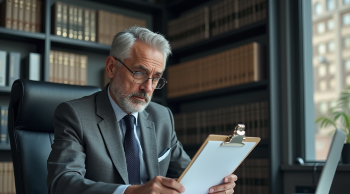 Expert en droit en bureau moderne avec dossiers et ordinateur