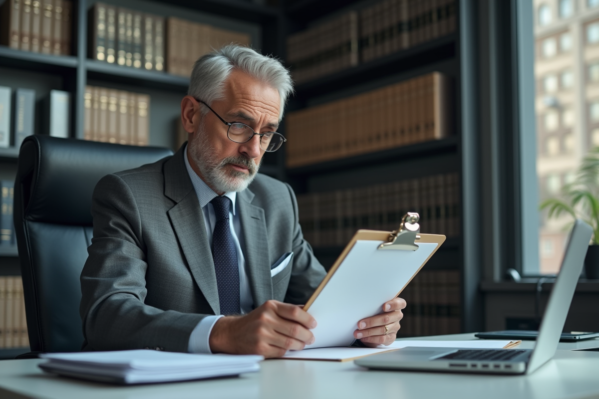 Expert en droit en bureau moderne avec dossiers et ordinateur