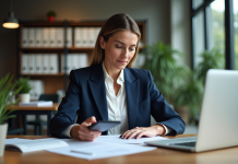Femme d'affaires en costume bleu dans un bureau moderne