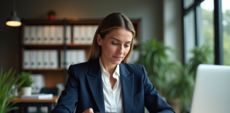 Calcul valeur nette entreprise : méthode et étapes simples pour y parvenir Femme d'affaires en costume bleu dans un bureau moderne