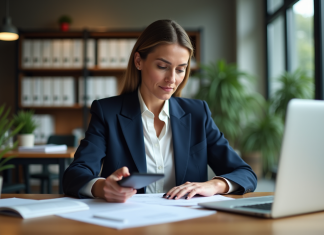 Femme d'affaires en costume bleu dans un bureau moderne