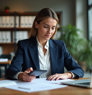 Femme d'affaires en costume bleu dans un bureau moderne
