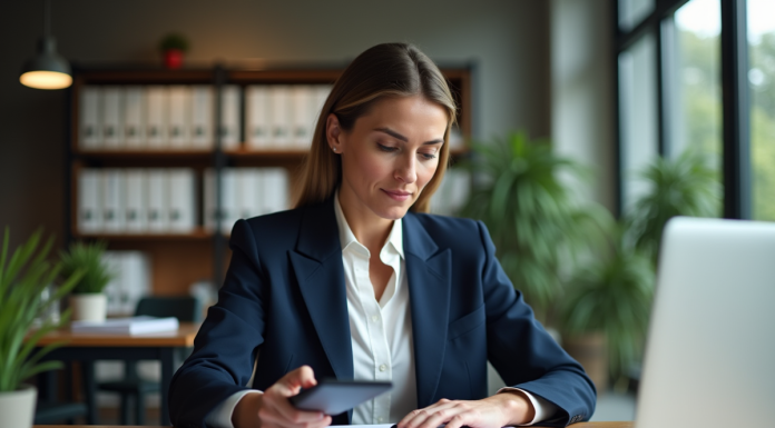 Femme d'affaires en costume bleu dans un bureau moderne
