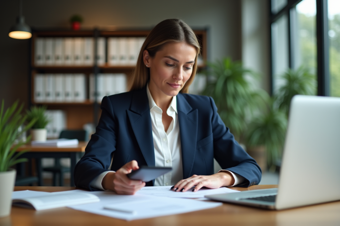Femme d'affaires en costume bleu dans un bureau moderne